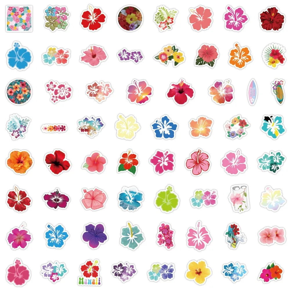 10/60pcs Vivid Hibiscus Flowers Cartoon Little Fresh Style Stickers Graffiti Decals for Laptop Guitar Suitcase Skateboard Kids