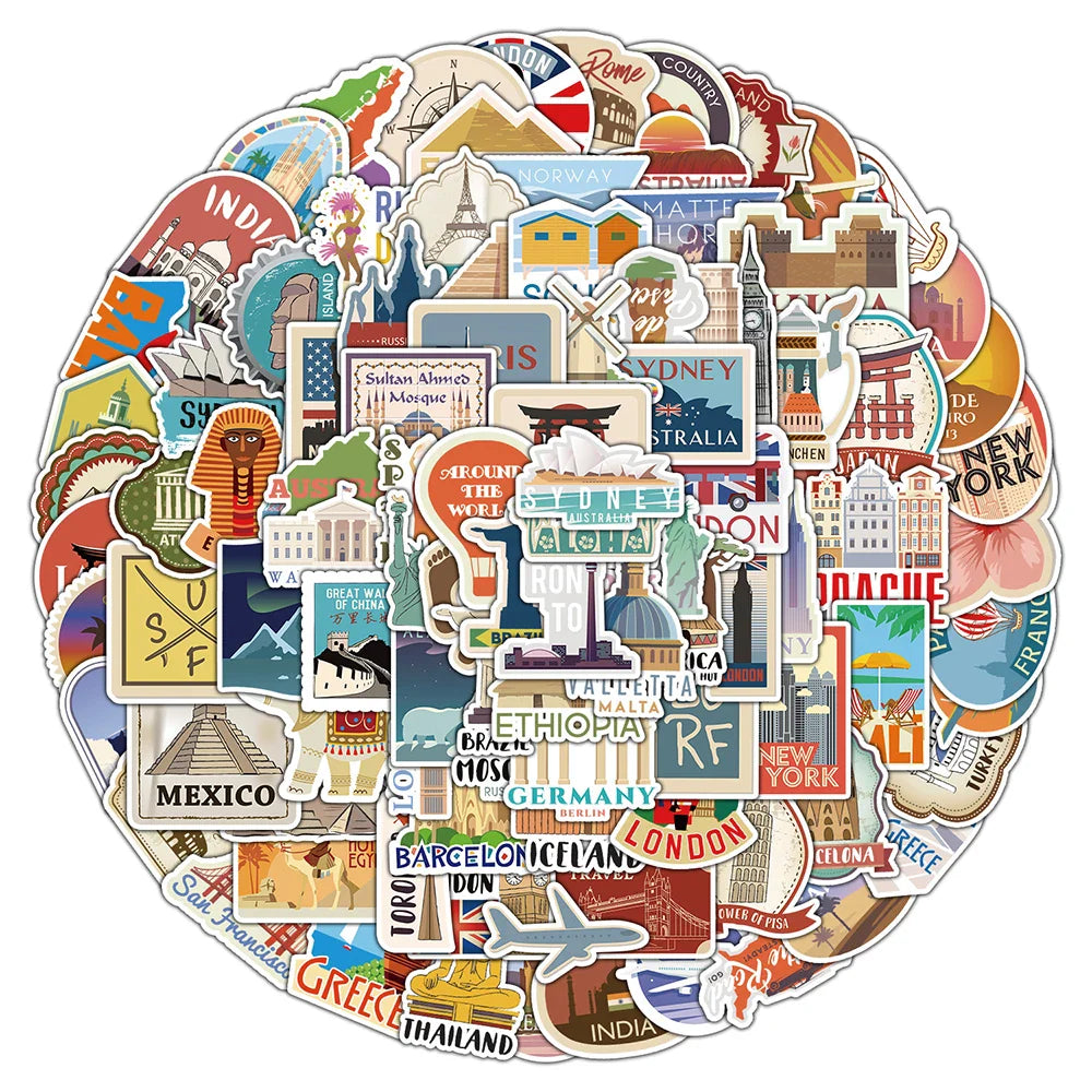 Vintage Travel Landscape Stickers - Waterproof for Laptop, Phone, Car, Luggage, Motorcycle (10/30/50/100pcs)