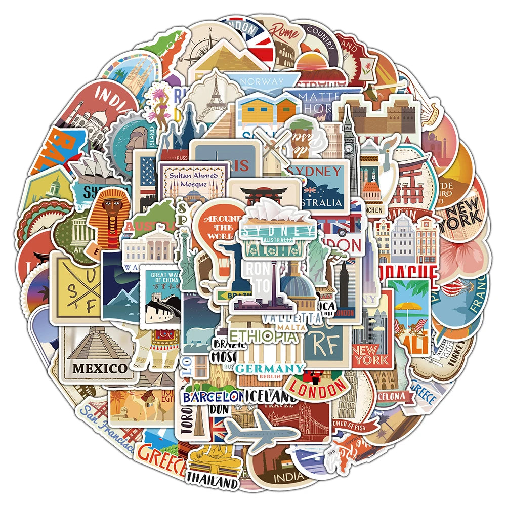 Vintage Travel Landscape Stickers - Waterproof for Laptop, Phone, Car, Luggage, Motorcycle (10/30/50/100pcs)