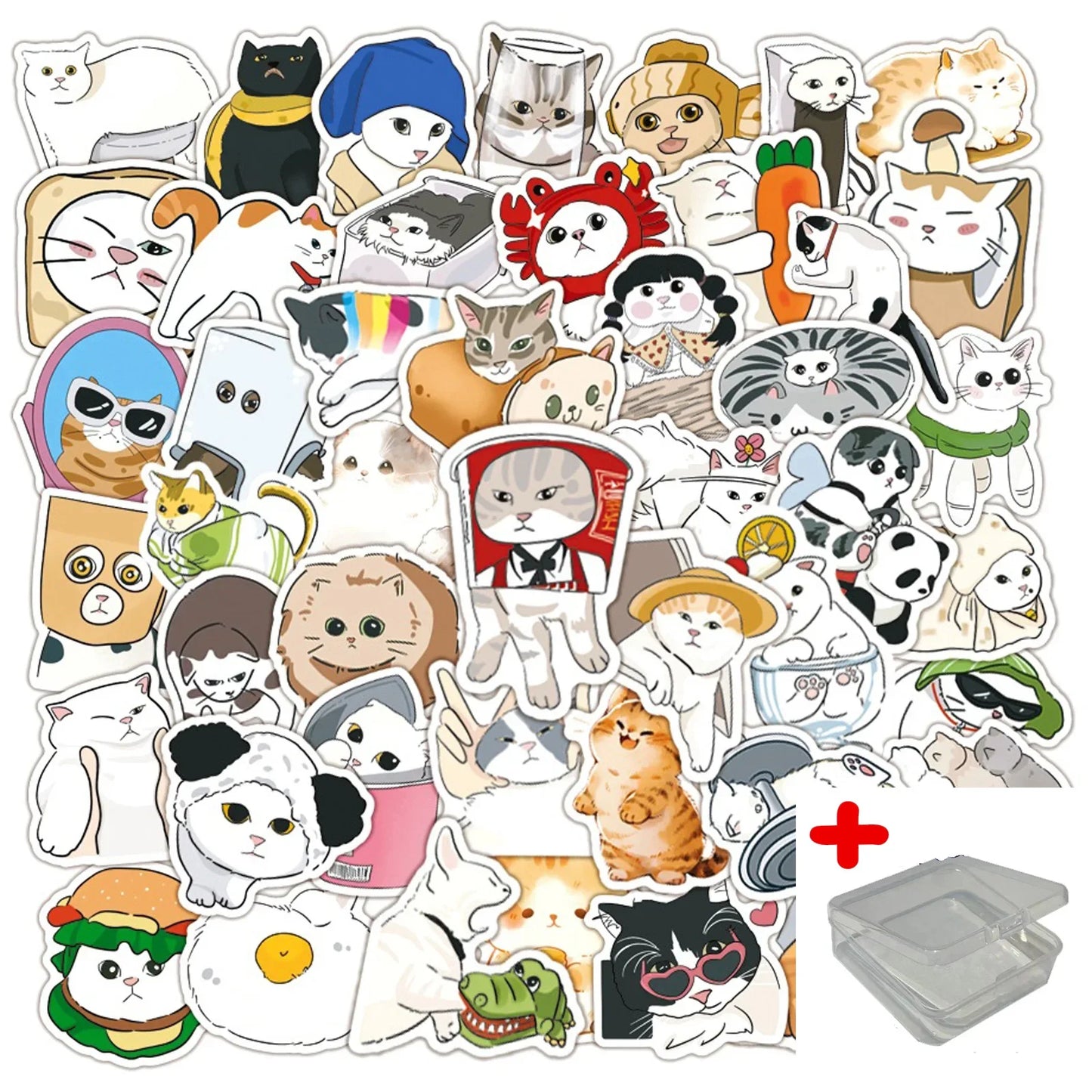 50pcs Cute Cat Stickers for Helmet, Wall, DIY Decoration with Storage Box