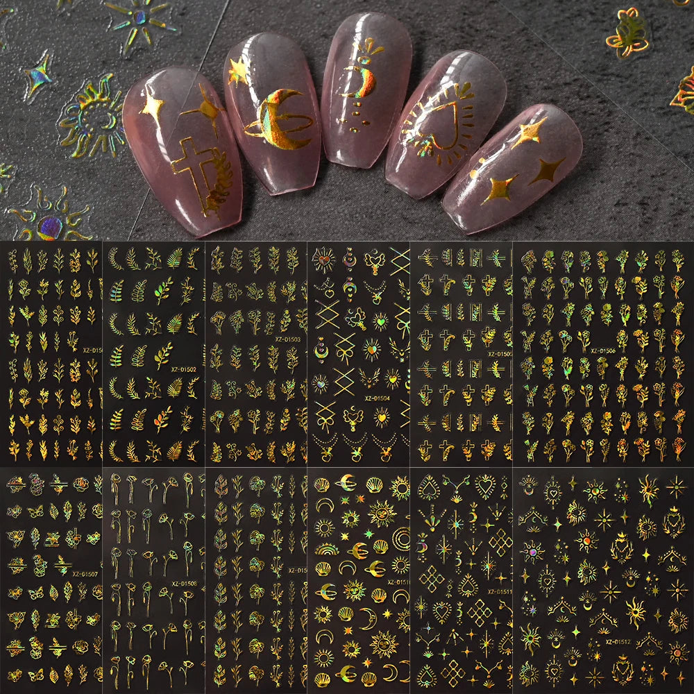 12pcs 3D Laser Nail Stickers: Gold Silver Geometric Decals