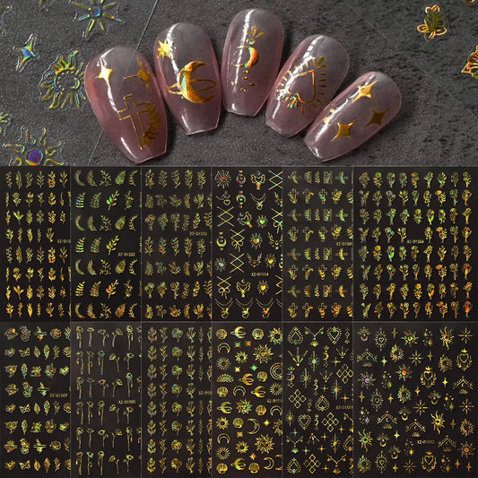 12pcs 3D Laser Nail Stickers: Gold Silver Geometric Decals
