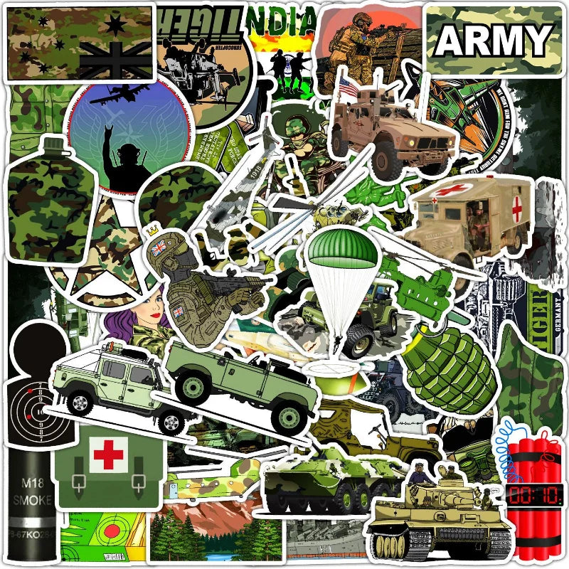 Graffiti Army Tank Stickers: Luggage, Water Bottle, Phone, Laptop, Guitar, Skateboard, Helmet, Car