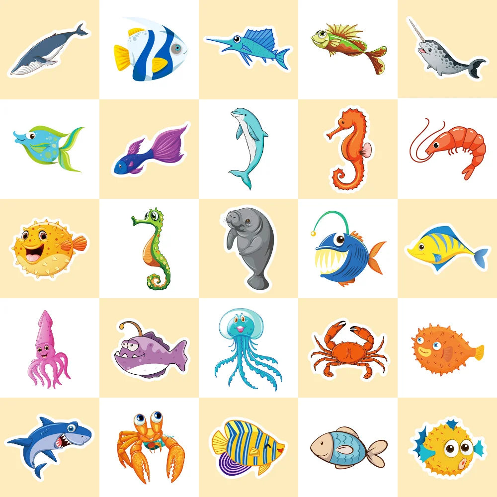 10/50Pcs Cartoon Marine Life Fish And Shrimp Sticker For Kids Toys Luggage Laptop Ipad Skateboard Stickers Wholesale