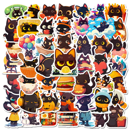 50Pcs Black Cat Graffiti Stickers for Helmet, Wall, DIY Decoration