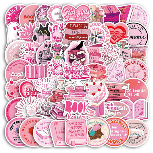 Cute Pink Bookish Stickers Kawaii Cartoon Decals for Laptop, Notebook, Phone, Suitcase - 10/30/60pcs