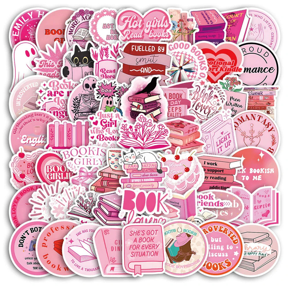 Cute Pink Bookish Stickers Kawaii Cartoon Decals for Laptop, Notebook, Phone, Suitcase - 10/30/60pcs