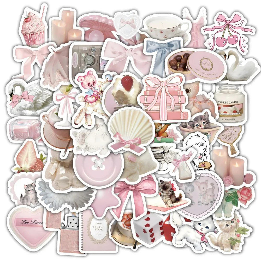 Cute Pink Cartoon Stickers Pack - Aesthetic Decals for Laptop, Notebook, Suitcase