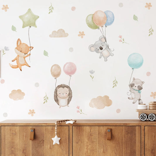 Cartoon Animal Wall Stickers: Rabbit Bear Balloon Decals for Kids Room Nursery