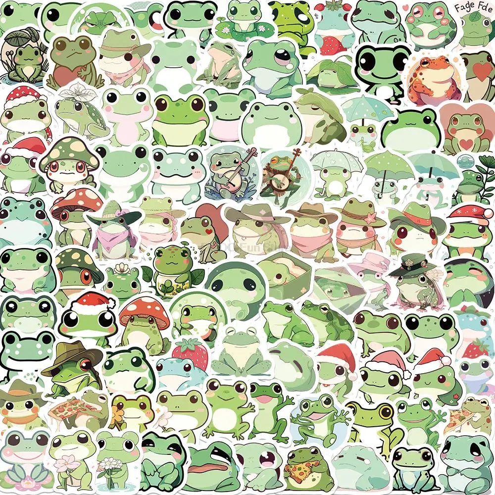 100PCS Cute Frog Sticker Cartoon Decals for Scrapbook Luggage Laptop Helmet Guitar Skateboard Water Bottle Kids Toy Decals