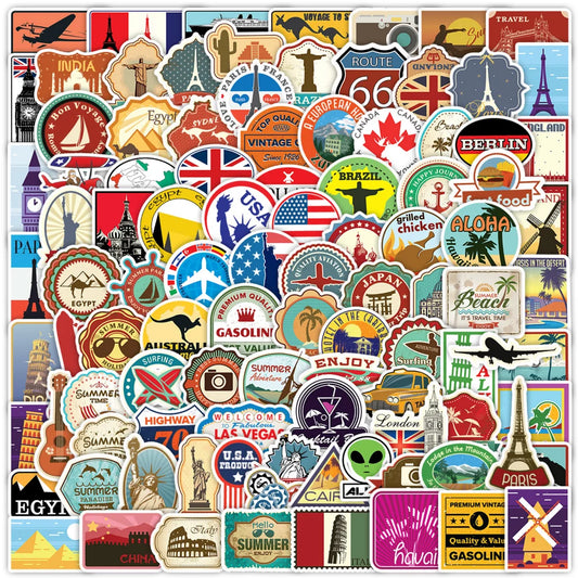World Travel Landmark Stickers: Scrapbook, Suitcase, Water Bottle, Phone, Laptop, Guitar, Skateboard, Helmet