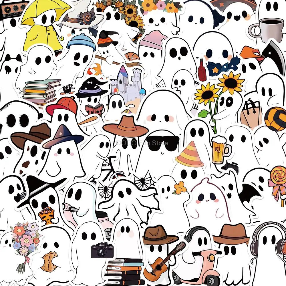 50PCS Cartoon Cute Little Ghost Fun Sticker Waterproof PVC Decorative Cup Phone Helmet Guitar Laptop Luggage Gift Decal