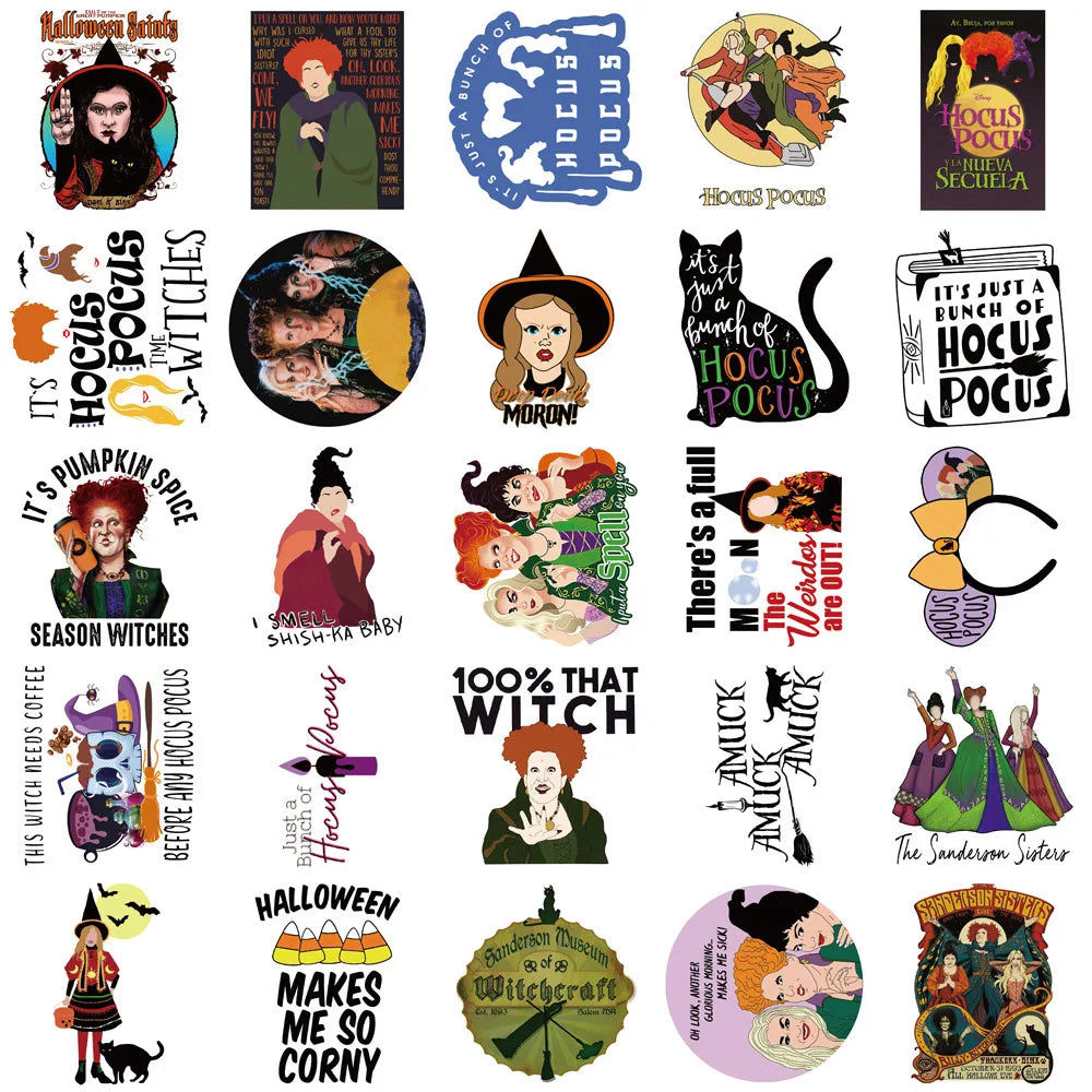 10/30/50/100PCS Disney Horror Halloween Witch Hocus Pocus Stickers Decal Skateboard Phone Luggage Laptop Car Waterproof Sticker