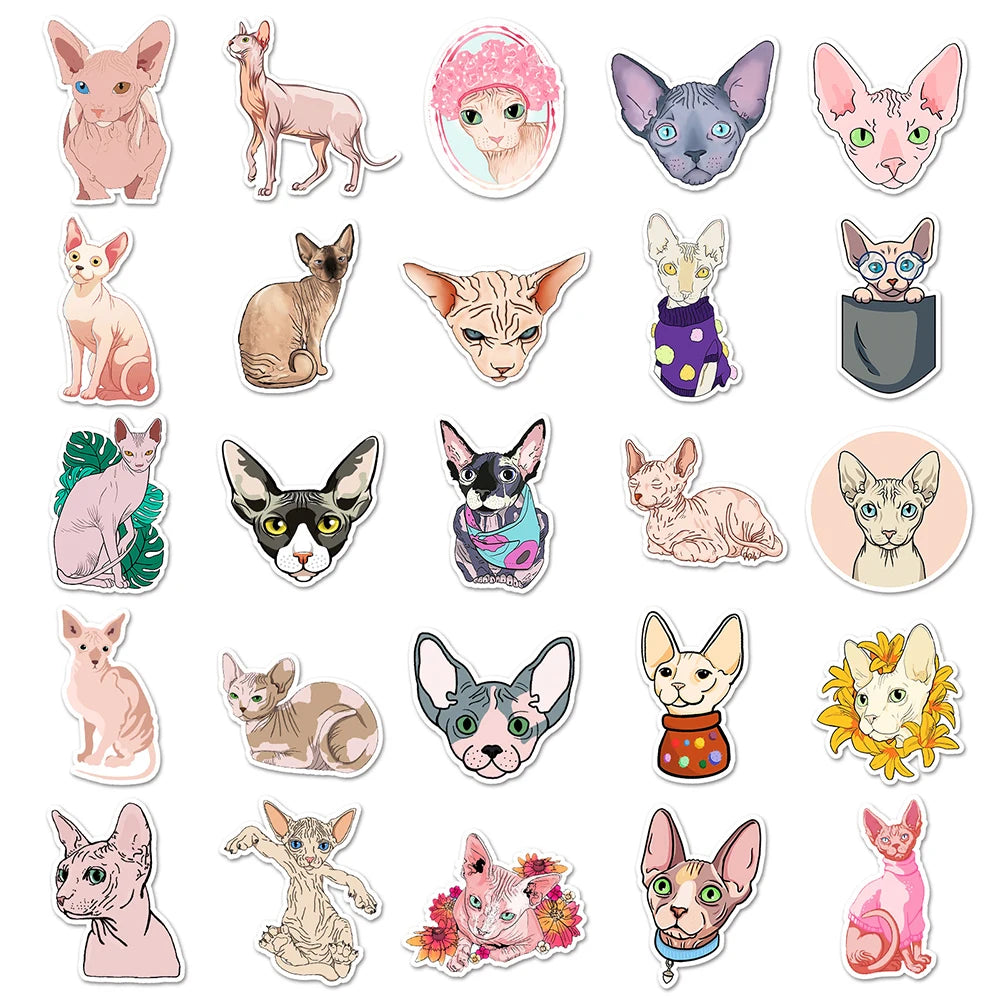 10/30/50PCS Sphynx Cats Stickers Cute Animal Decals Toys DIY Skateboard Phone Fridge Laptop Bike Car PVC Waterproof Sticker Gift