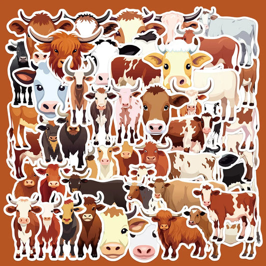 50pcs Cute Cow Cartoon Stickers for Helmet, Wall, DIY Decoration