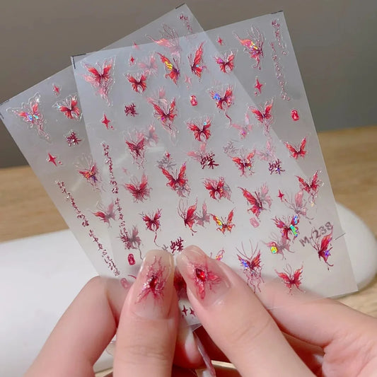 Dark Red Butterfly Nail Stickers 3D Holographic Glitter