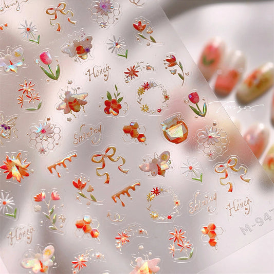 Honey Bee Nail Art Stickers: Daisy, Tulip, Honeycomb Decals