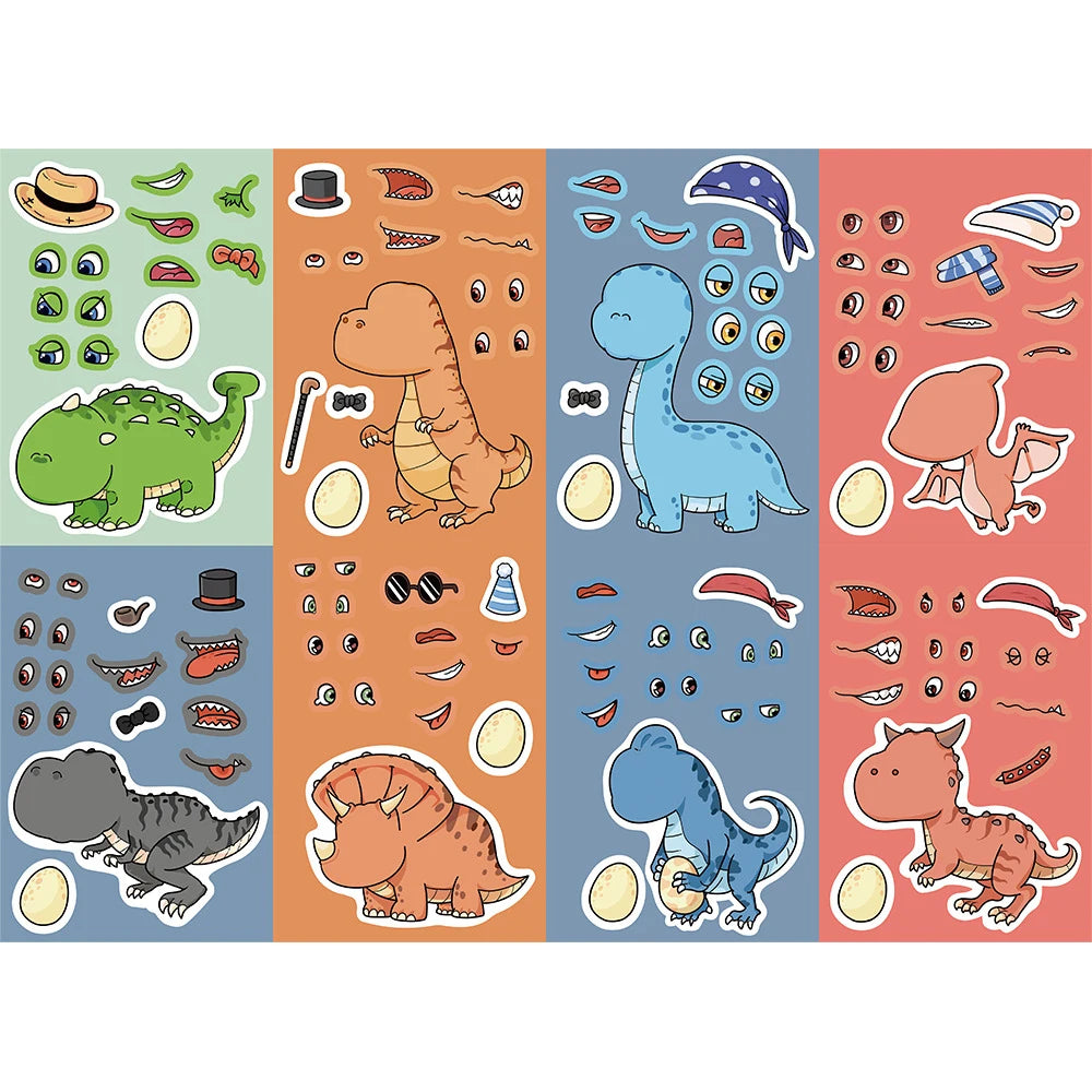 8/16Sheets Cute Dinosaur Puzzle Stickers Make-a-Face Games Toy Create Your Own DIY Funny Cartonn Assemble Jigsaw Children Gift