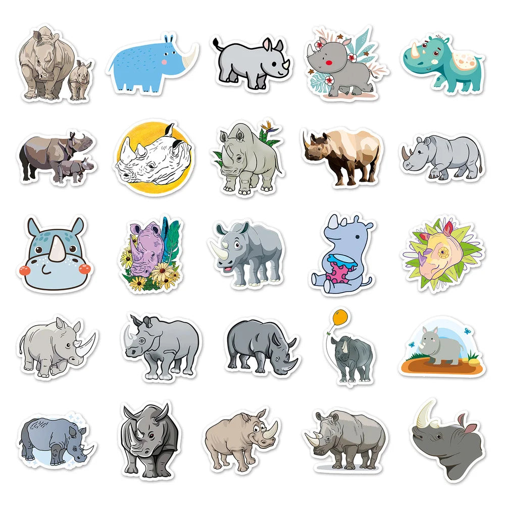 10/50pcs/Pack Lovely Rhino Cartoon Animal Stickers Waterproof Skateboard Motorcycle Guitar Luggage Laptop Bicycle Sticker Toys