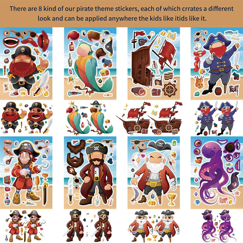 8/16Sheets Cool Pirate Ship Puzzle Stickers Make-a-Face Children Assemble Jigsaw Funny Kids Toy Game Kids Educational Party Gift