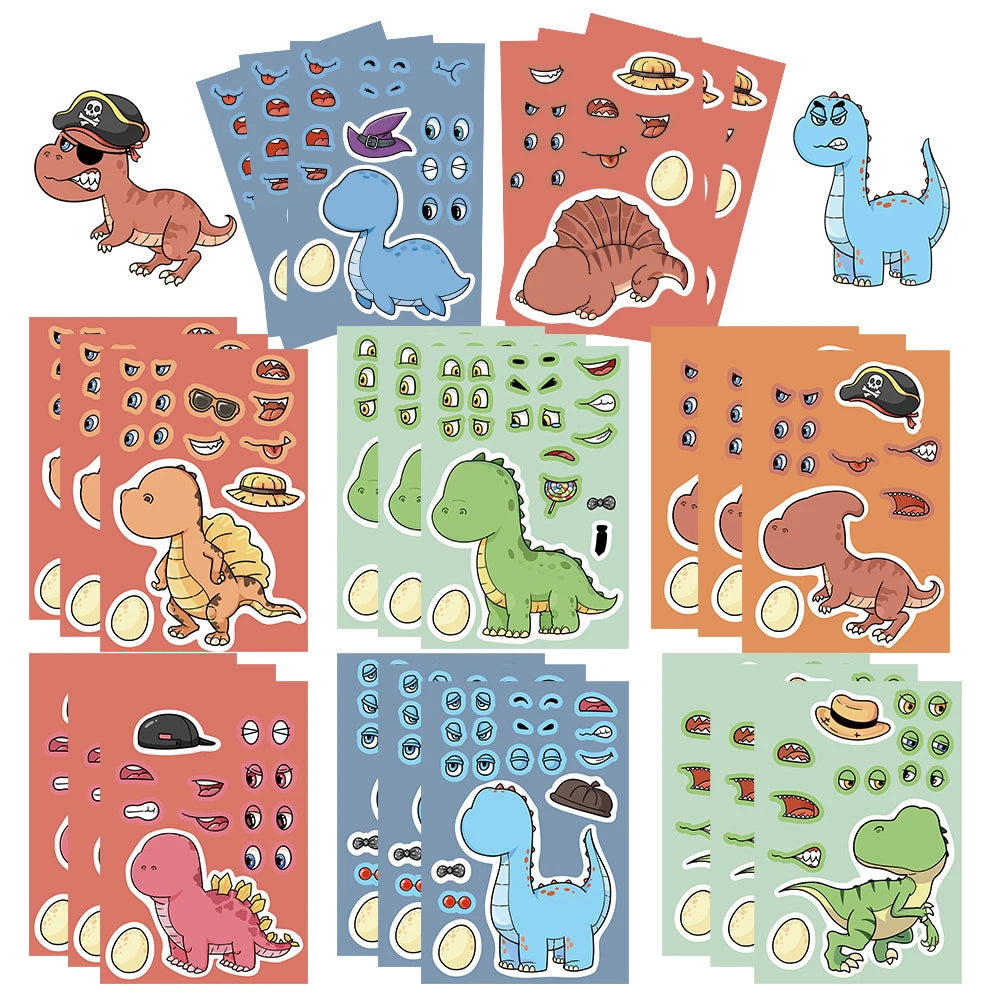 8/16Sheets Cute Dinosaur Puzzle Stickers Make-a-Face Games Toy Create Your Own DIY Funny Cartonn Assemble Jigsaw Children Gift