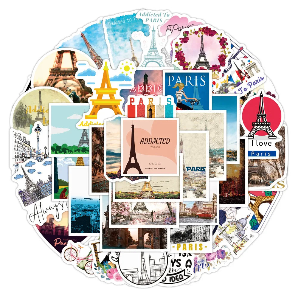 10/30/50PCS Paris Landscape Famous Buildings Stickers Decal Decorative DIY Phone Motorcycle Laptop Toy PVC Waterproof Sticker