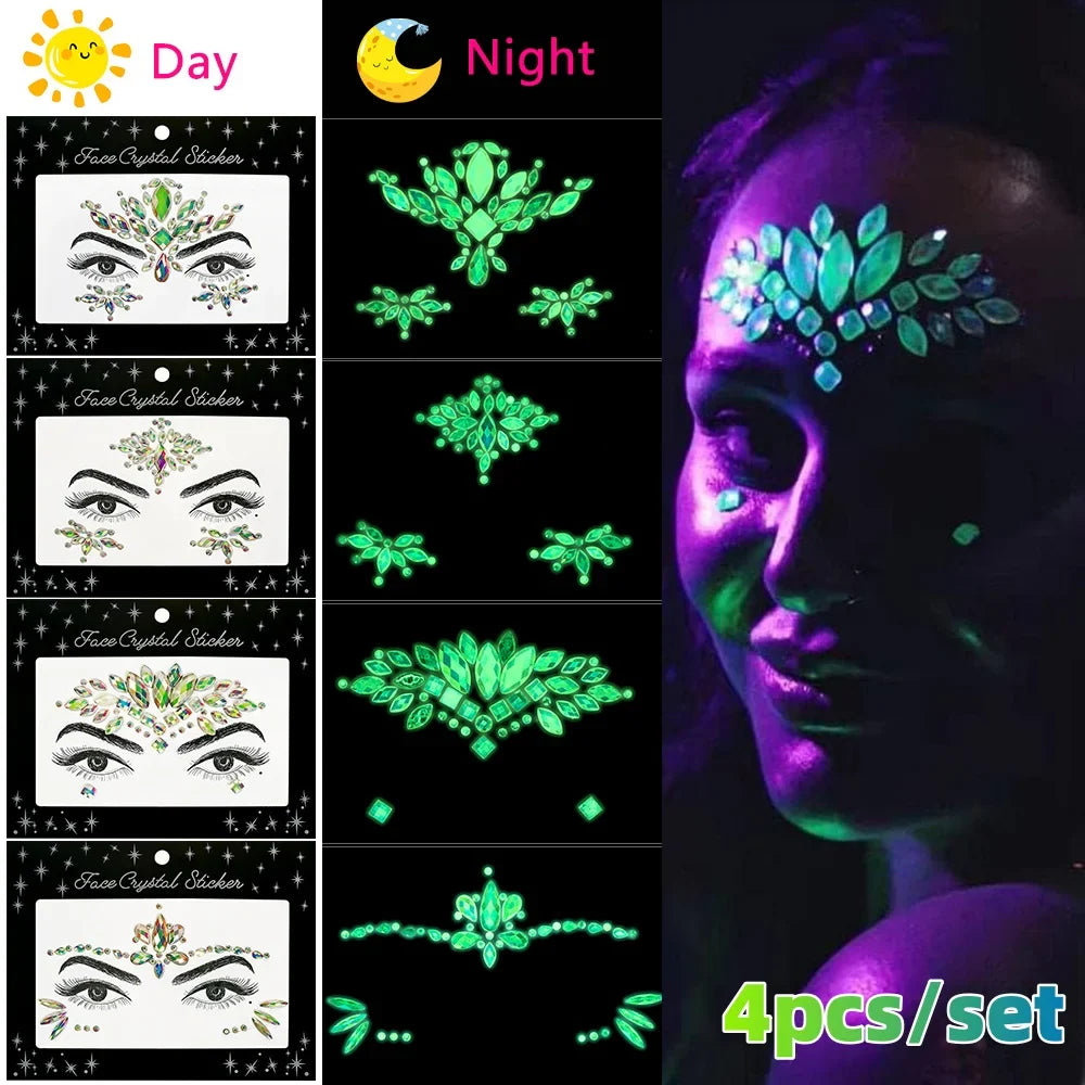 Rhinestone Face Jewel Stickers: Noctilucent Crystal Tattoos