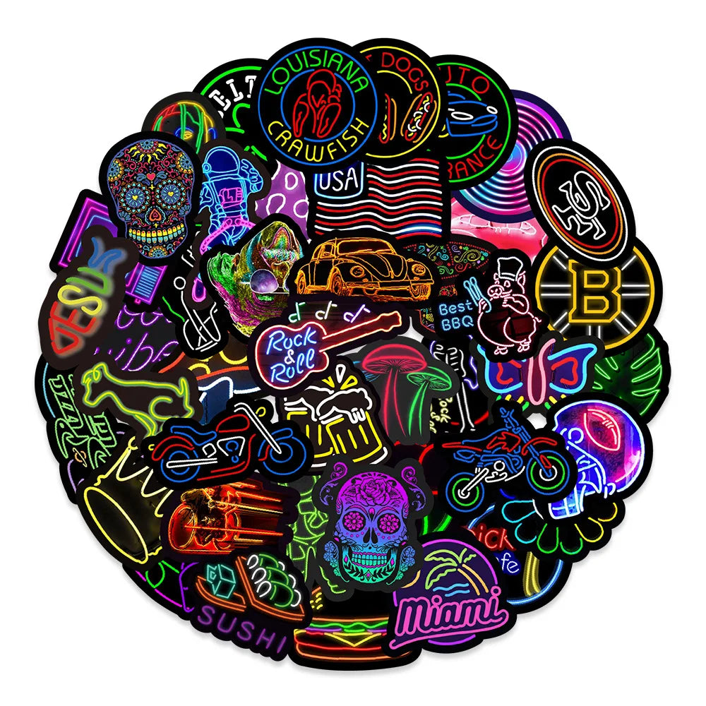 10/30/50PCS Popular Cool Neon Light Sticker Pack Skateboard Guitar Decoration DIY Laptop New Waterproof Graffiti Decal Wholesale