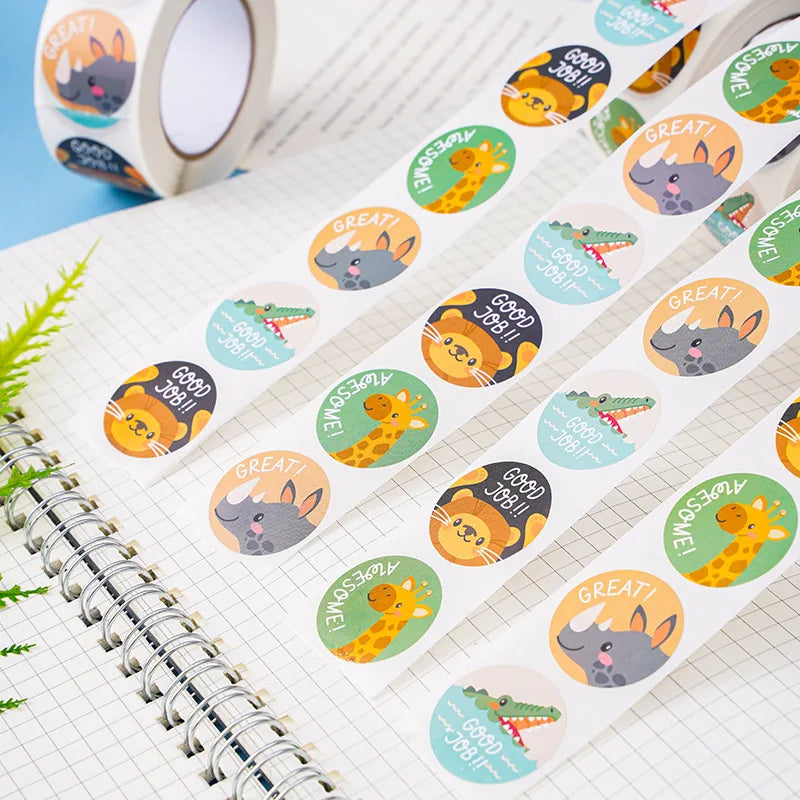 100-500Pcs new 1inch Animal Good Job Cool Stickers Roll for Envelope Praise Reward Student Work Stationery Seal Lable child gift