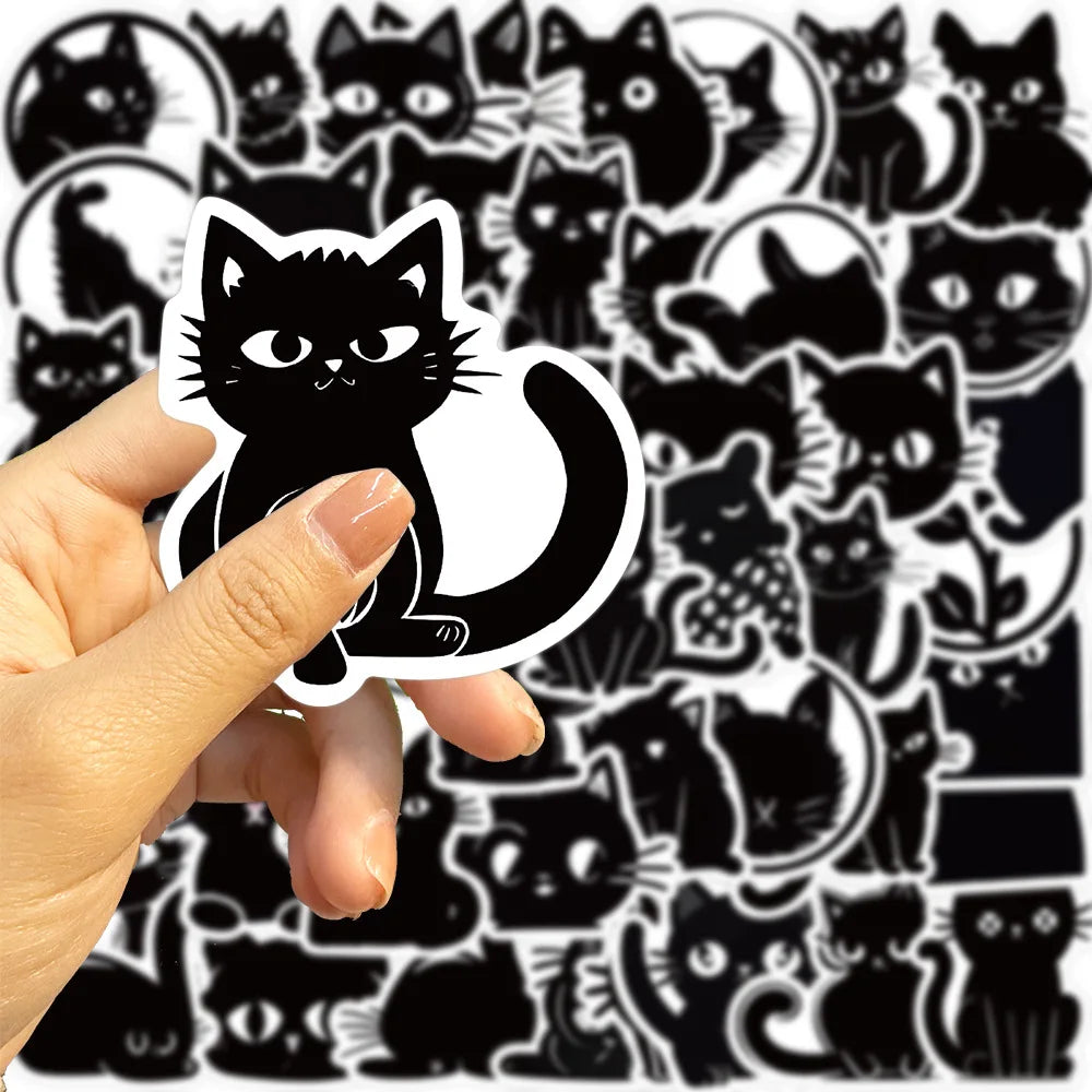 10/30/50PCS Black Cartoon Cat Sticker Kids Toys Waterproof Skateboard Fridge Bike Skateboard Phone Laptop DIY Decorative Decals