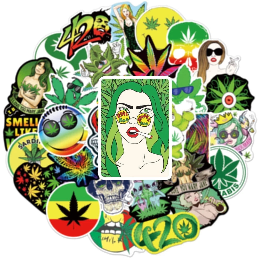 10/30/50PCS Funny Characters Leaves Weed Smoking Stickers Kid Toy PVC Waterproof Decals DIY Suitcase Motorcycle Bike Car Sticker