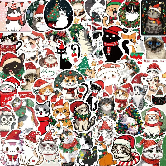 50pcs Christmas Cat Stickers for Laptop, Phone, Car, Scooter, Water Bottle, Suitcase, Stationery, Refrigerator