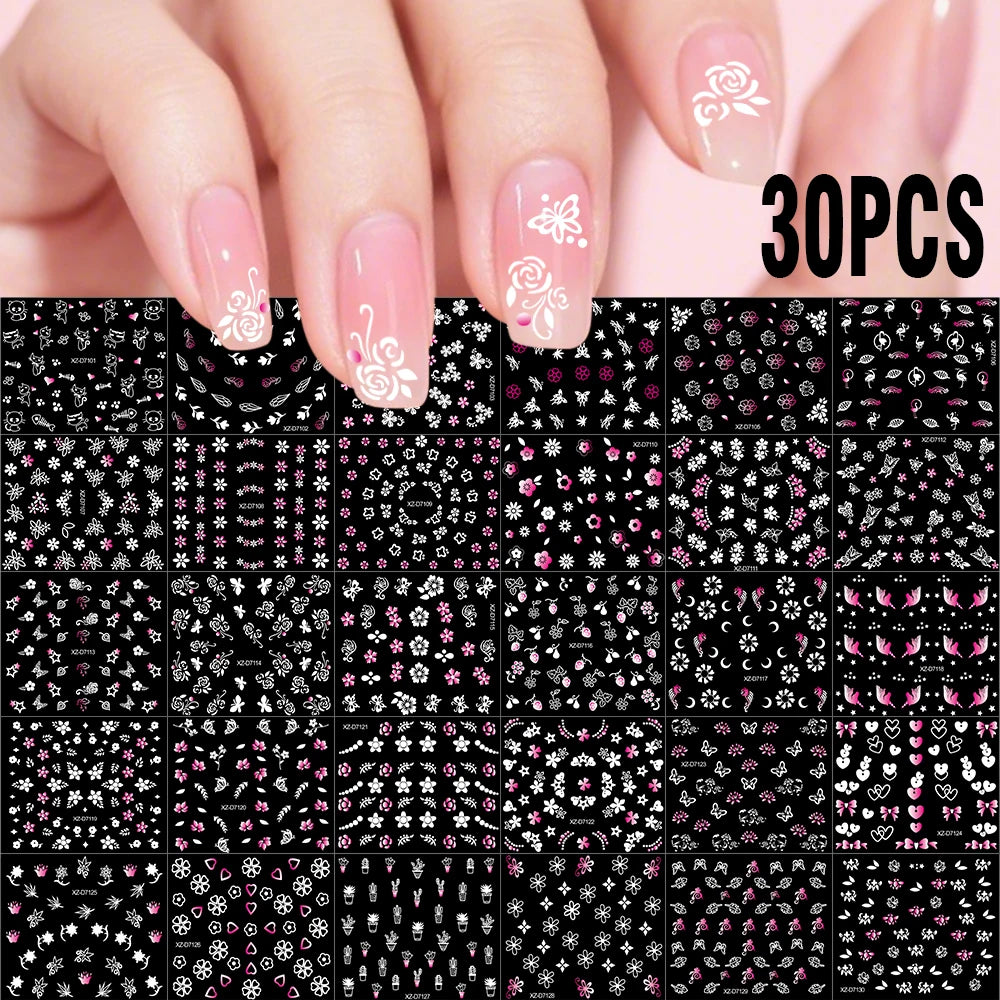 30pcs 3D Floral Nail Stickers: Daisy, Butterfly, Heart