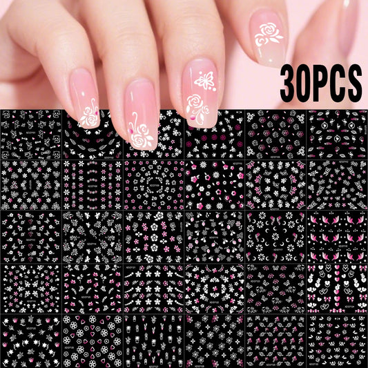 30pcs 3D Floral Nail Stickers: Daisy, Butterfly, Heart