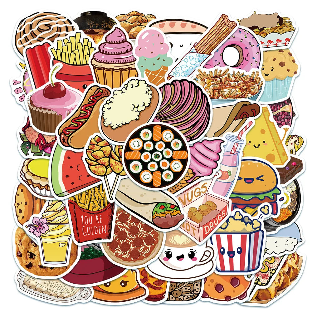 50Pcs Cartoon Gourmet Food Graffiti Stickers For Children Toys Luggage Laptop iPad Skateboard Notebook Stickers Wholesale