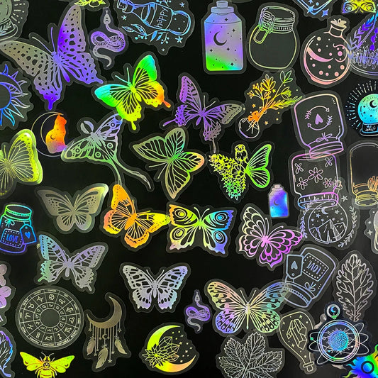 Holographic Butterfly Girl Stickers - 10/30/50/100pcs Transparent Luggage Skateboard Decals
