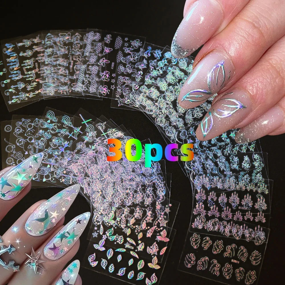 30pcs 3D Nail Stickers: Feather, Dreamcatcher, Flower, Leaf