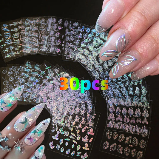 30pcs 3D Nail Stickers: Feather, Dreamcatcher, Flower, Leaf