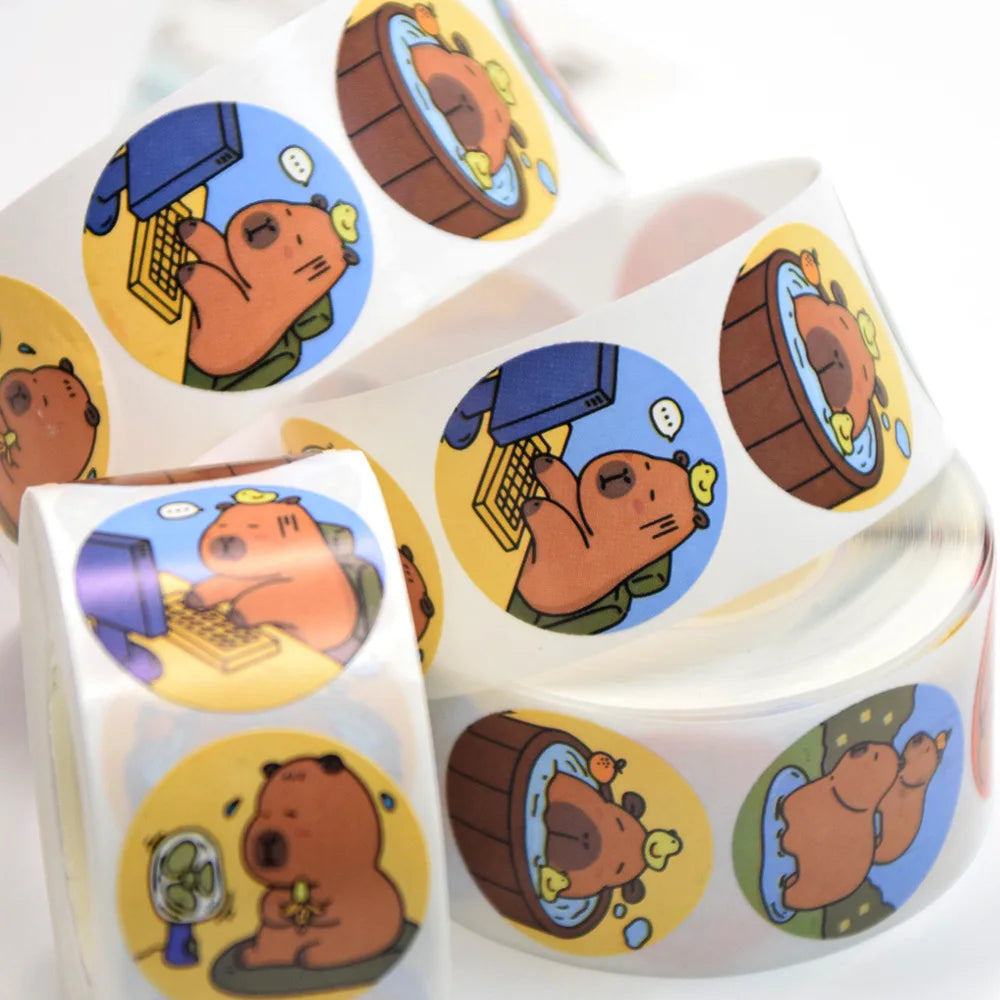 500Pcs Funny Cartoon Cute Capybara Varied Stickers Roll for Kids Phone Helmet Laptop Computer Decor Sealing Label Graffiti Decal