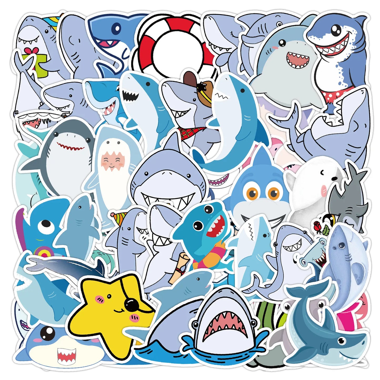 50pcs Cute Shark Graffiti Stickers for Helmet, Wall, DIY Decoration