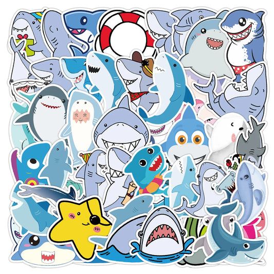 50pcs Cute Shark Graffiti Stickers for Helmet, Wall, DIY Decoration