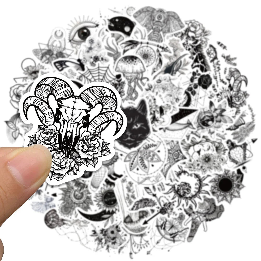 50pcs Black White Psychedelic Gothic Stickers Pack Stationery Laptop Phone Guitar Ipad Sticker DIY Scrapbooking Supplies