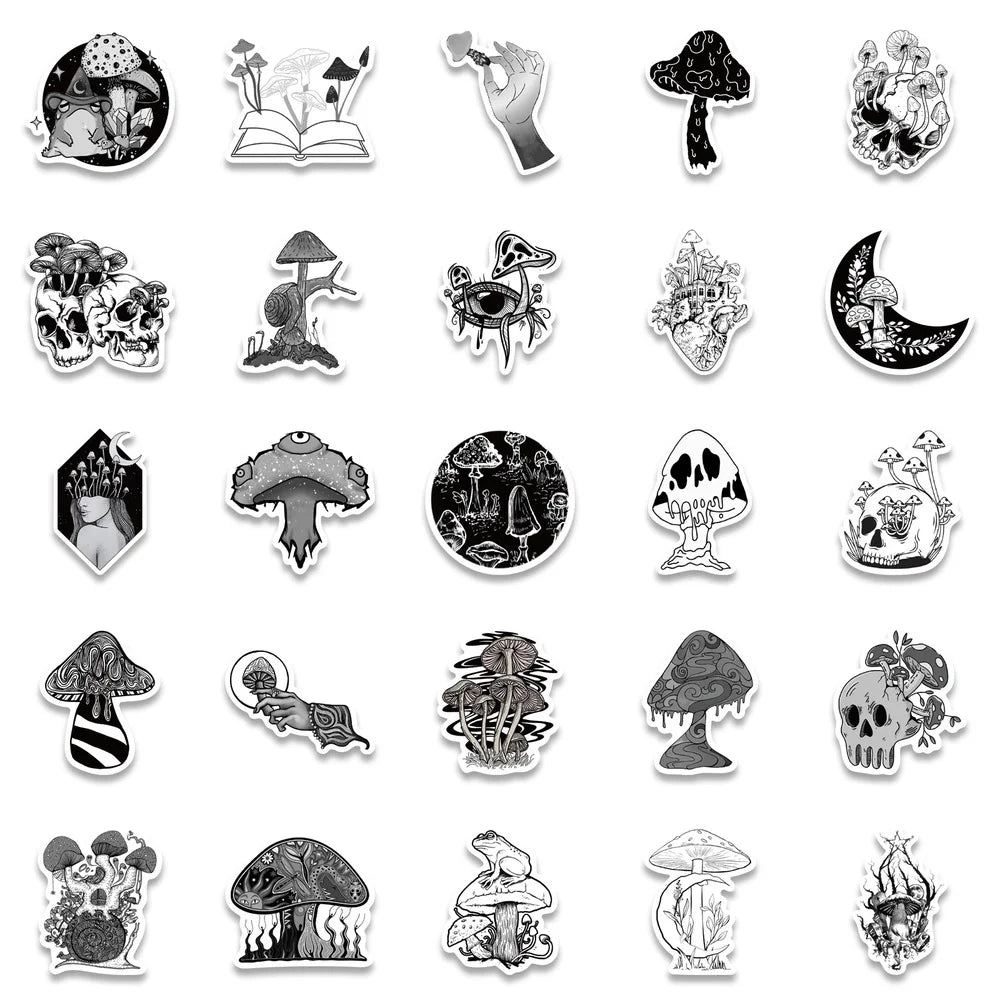 10/50pcs Funny Anime Psychedelic Mushroom Sticker Cute Black and White Magic Plant Stickers Phone Laptop Stickers Decals