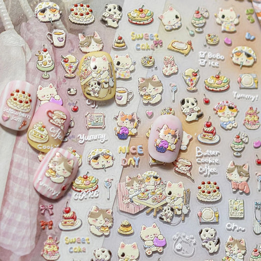 Cat & Dog Nail Art Stickers: Cake, Coffee, Ice Cream Decals