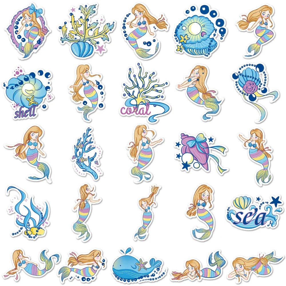 10/50Pcs Mermaid Cute Cartoon Sticker DIY Guitar Laptop Luggage Skateboard Graffiti Decals Fun for Kid