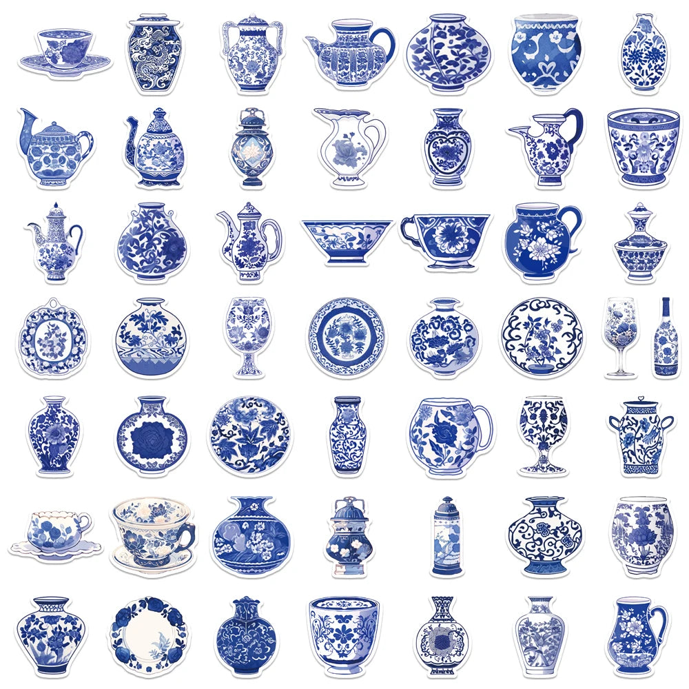 10/25/50PCS Chinese Style Blue and white Porcelain Utensils Sticker Cultural DIY Cups Phone Case Laptop Luggage Waterproof Decal