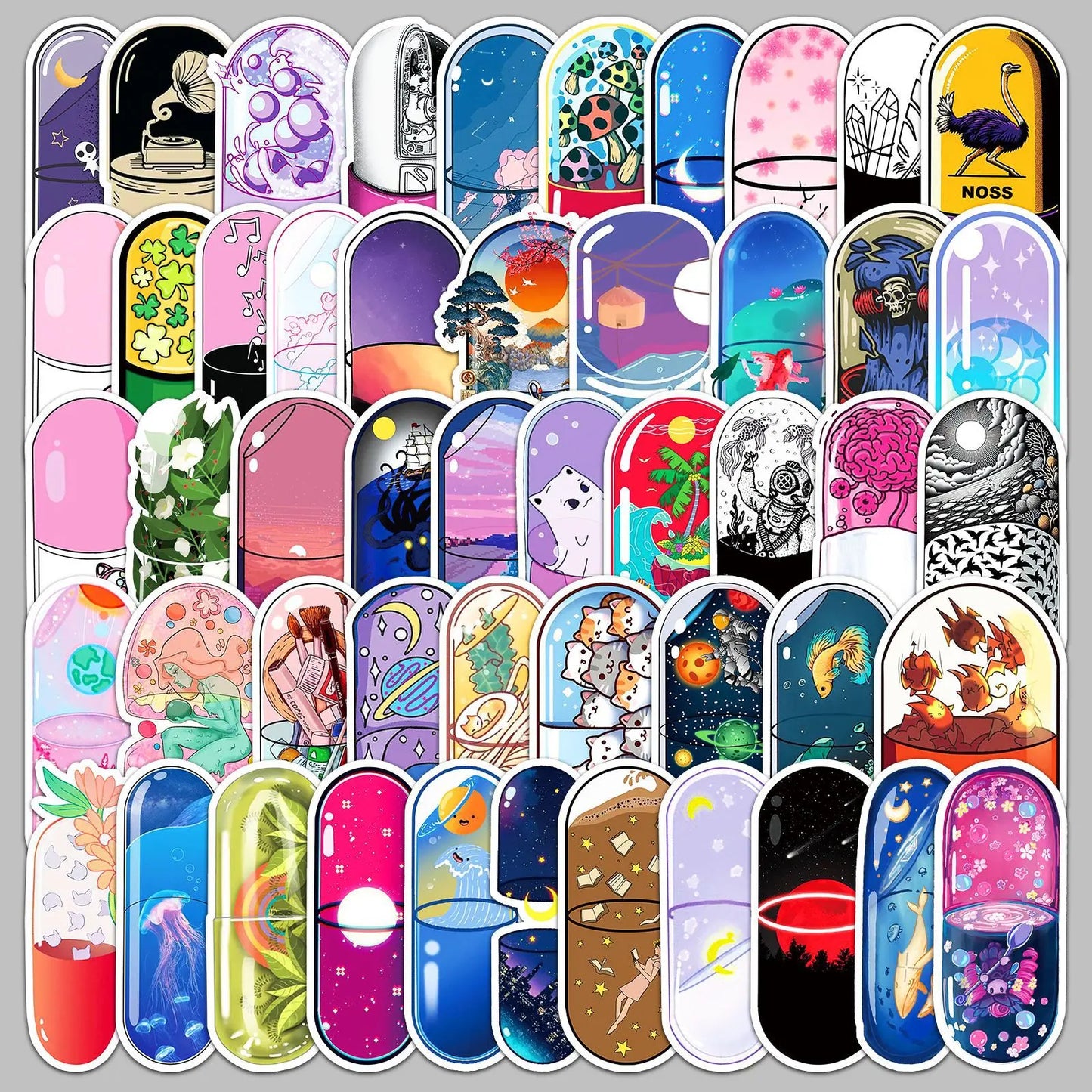 50Pcs Cartoon Capsule Graffiti Stickers for Helmet, Wall, DIY Decor
