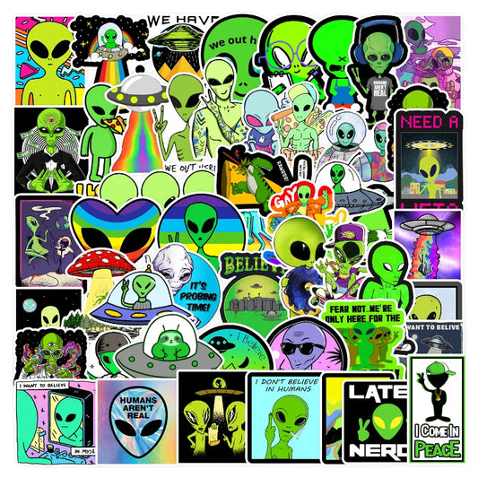 Cartoon Alien ET Stickers for Luggage, Water Bottle, Phone, Laptop, Guitar, Scrapbook, Helmet, Car, Wall Decal - 10/25/50pcs
