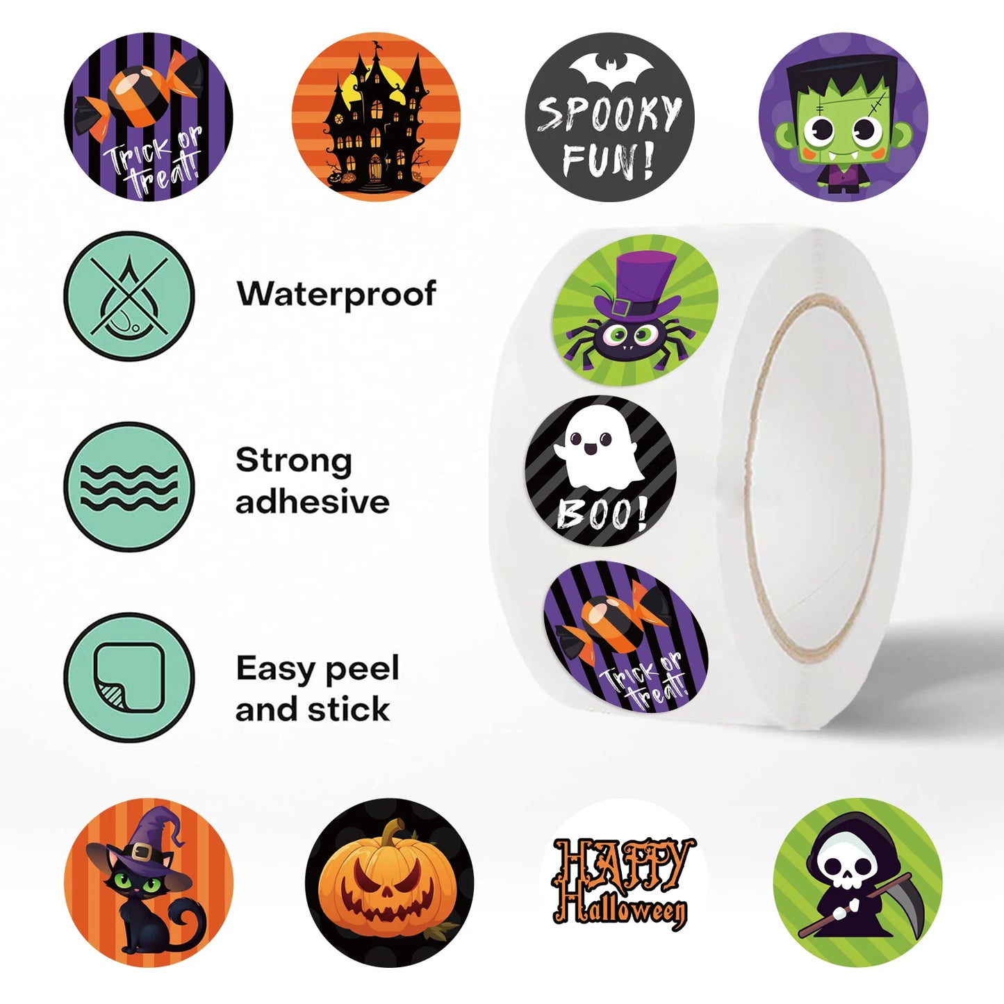 500pcs/Roll Halloween Horror Cartoon Round Sealing Stickers DIY PVC Laptop Decals Decoration Stiker Reward Gift Toys