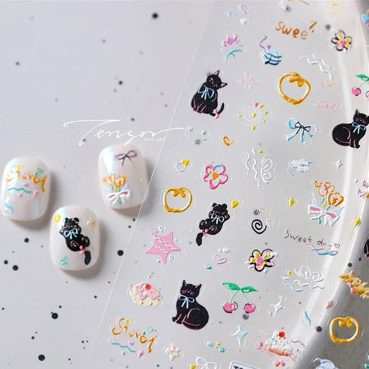 Cute Cat Cherry Nail Art Stickers Decals Manicure